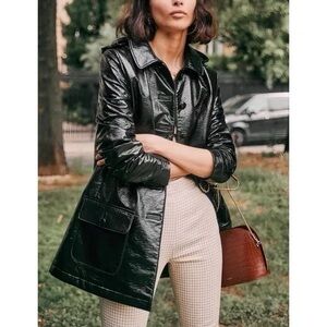 Sezane Women's Noir Manteau Alfred Raincoat w hood.